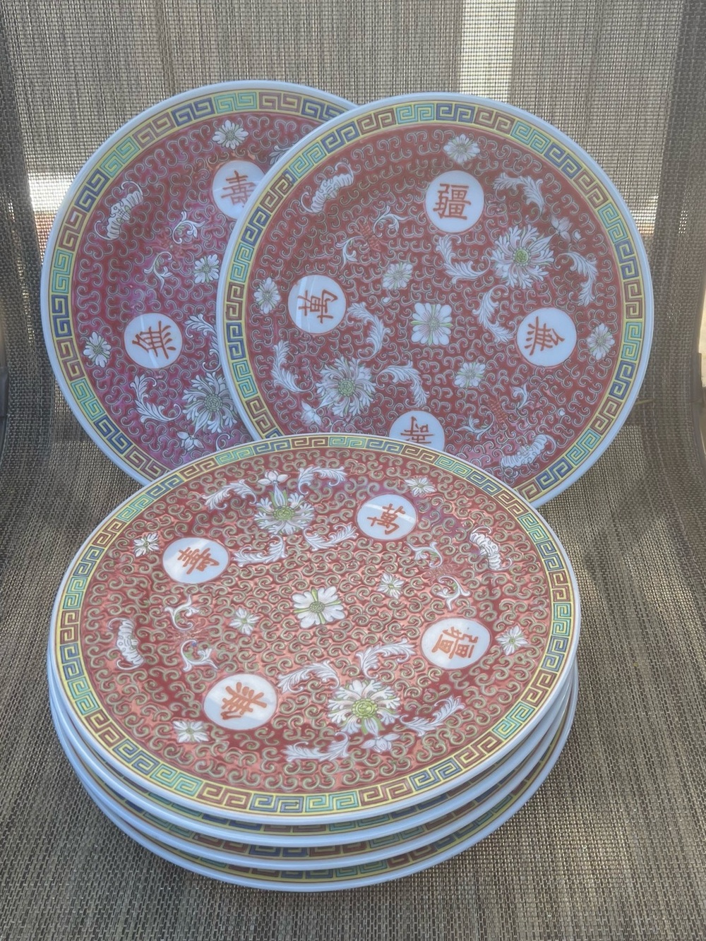 Mun Shou Longevity Red Porcelain Salad Plates 8" Diameter Set of 6